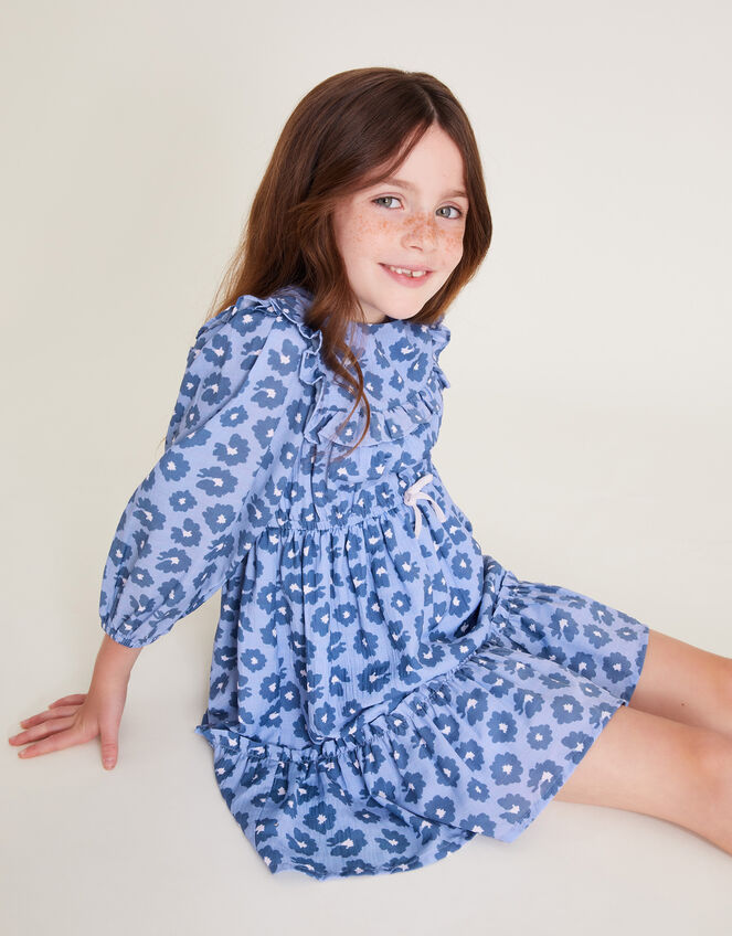 Long Sleeve Floral Frill Dress, Blue (BLUE), large