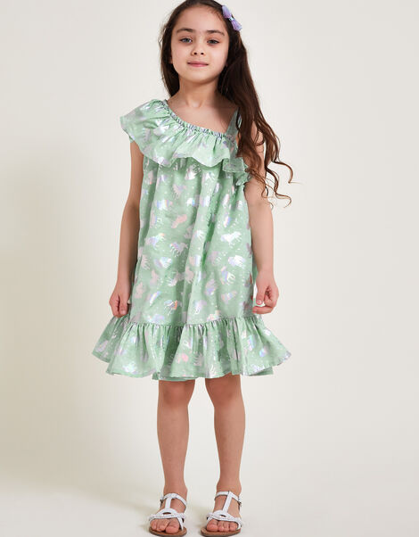 Unicorn Print Frill Dress, Blue (AQUA), large