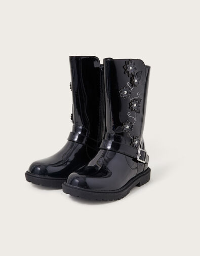 Patent Flower Riding Boots, Black (BLACK), large