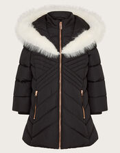 Faux Fur Trim Chevron Puffer Coat, Black (BLACK), large