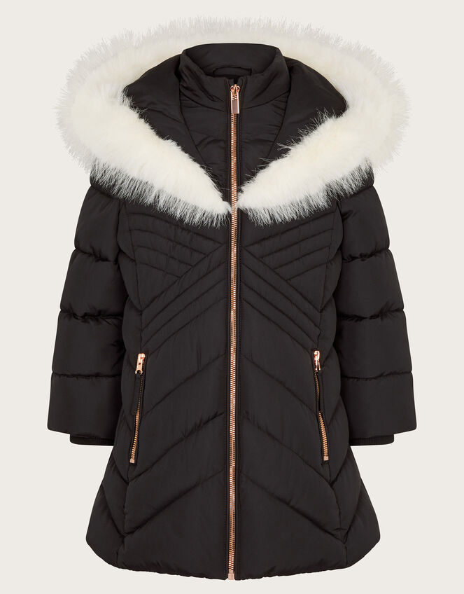 Faux Fur Trim Chevron Puffer Coat, Black (BLACK), large