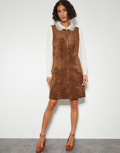 Amber Suedette Pinafore Dress, Brown (BROWN), large