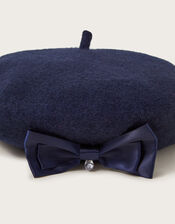 Diamante Bow Wool Beret, Blue (NAVY), large