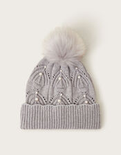 Rosa Pearl Pom Beanie Hat, Gray (GREY), large