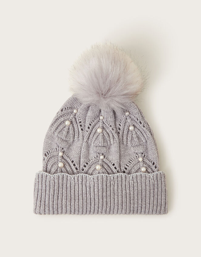 Rosa Pearl Pom Beanie Hat, Grey (GREY), large