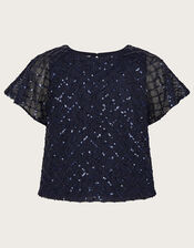 Flutter Sleeve Sequin top, Blue (NAVY), large