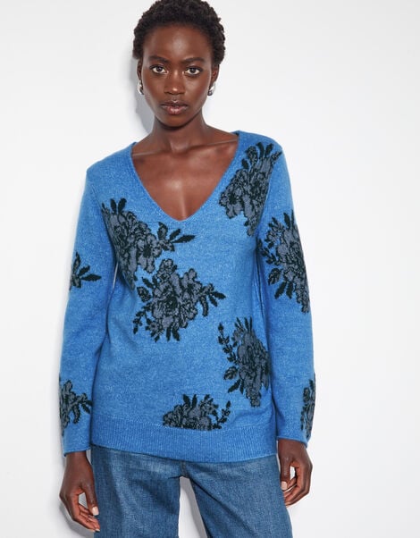 Jess V-Neck Floral Jacquard Jumper, Blue (BLUE), large