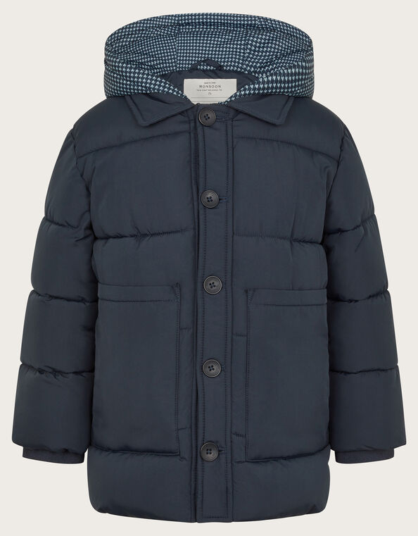 Houndstooth Hood Puffer Coat, Blue (NAVY), large