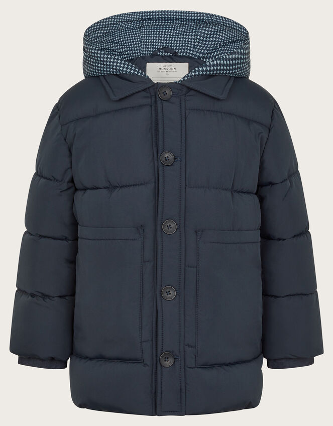 Houndstooth Hood Puffer Coat, Blue (NAVY), large