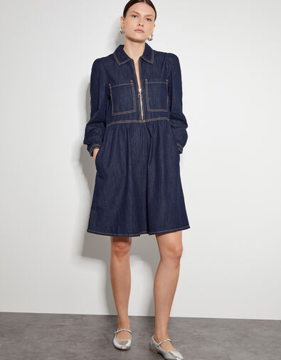 Adeena Denim Mini Shirt Dress, Blue (INDIGO), large