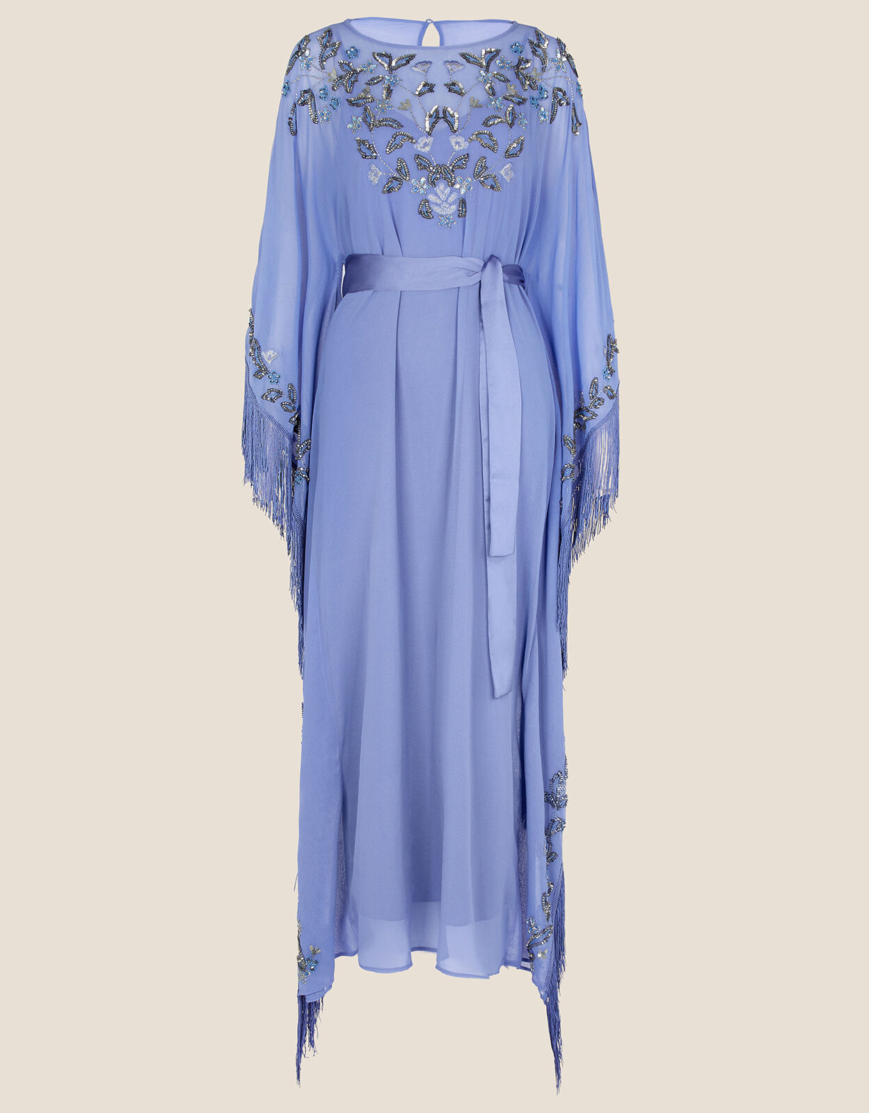 Emma Embellished Fringe Kaftan Dress in Recycled Polyester Blue