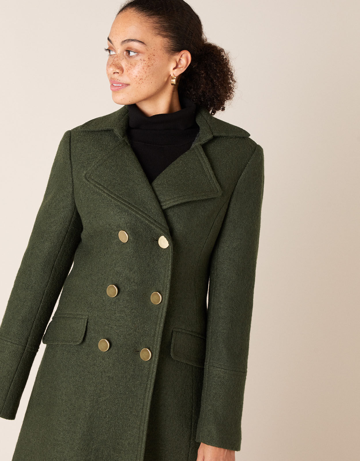 Long Military Coat in Wool Blend Green
