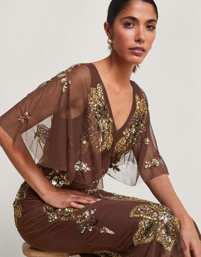 Fia Floral Embellished Dress, Brown (BROWN), large