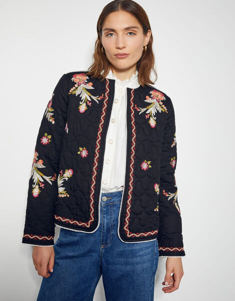 Elisha Floral Embroidered Quilted Jacket, Black (BLACK), large