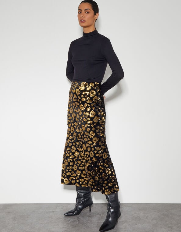 Arwen Sequin Leopard Velvet Midi Skirt, Black (BLACK), large