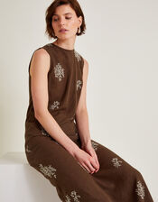 Aria Embroidered Sleeveless Midi Dress, Brown (BROWN), large