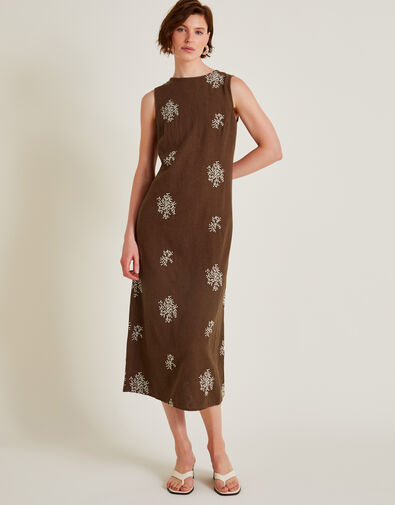 Aria Embroidered Linen Blend Dress, Brown (BROWN), large