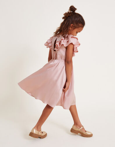 Satin Ruffle Sleeve Dress, Pink (PALE PINK), large