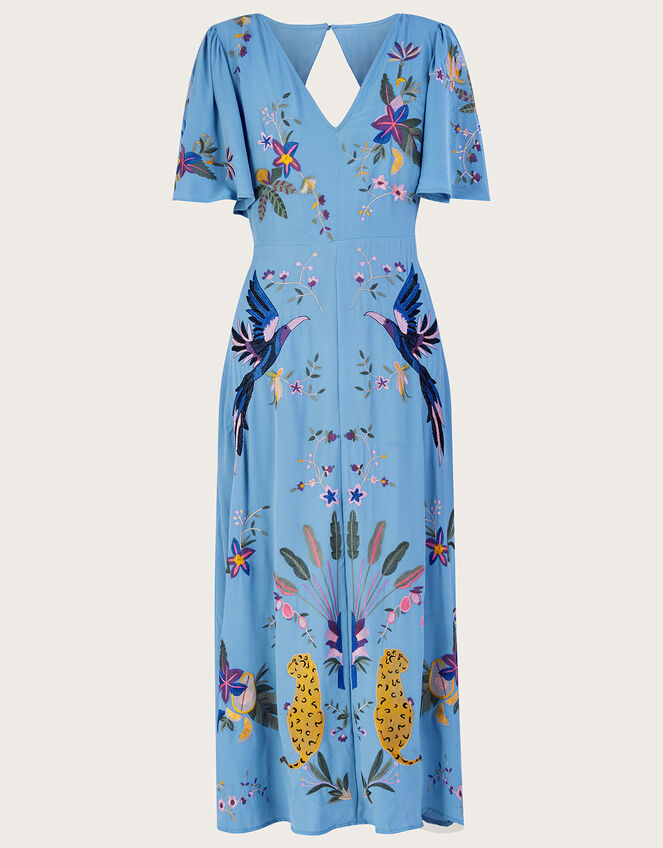 Audra Embroidered Tea Dress in Recycled Polyester , Blue (BLUE), large