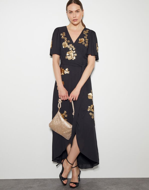 Sarah Sequin Floral Midi Wrap Dress, Black (BLACK), large