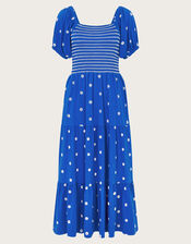 Susie Shirred Embroidered Midi Dress, Blue (BLUE), large