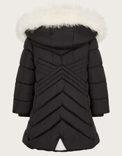 Faux Fur Trim Chevron Puffer Coat, Black (BLACK), large