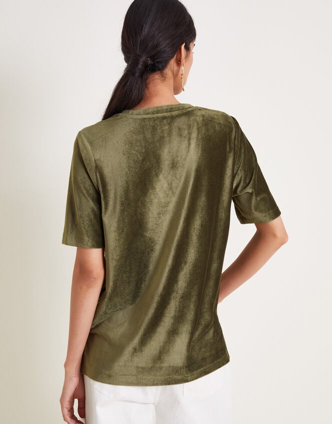 Shay Rib Velour V-Neck T-Shirt, Green (KHAKI), large