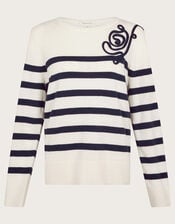 Cate Cornelli Stripe Crew Neck Jumper, Ivory (IVORY), large