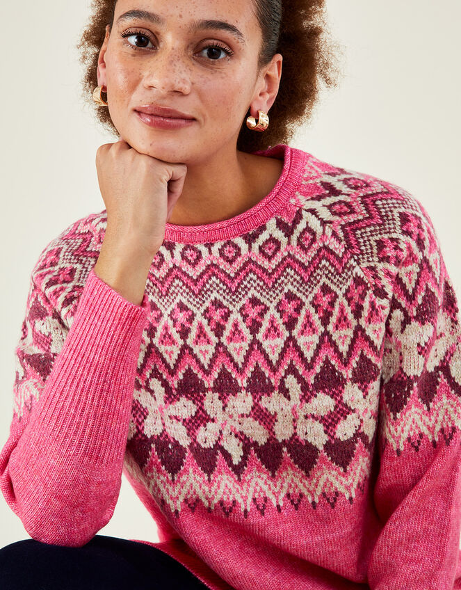 Fair Isle Longline Jumper with Recycled Polyester Pink | Jumpers | Monsoon  Global.