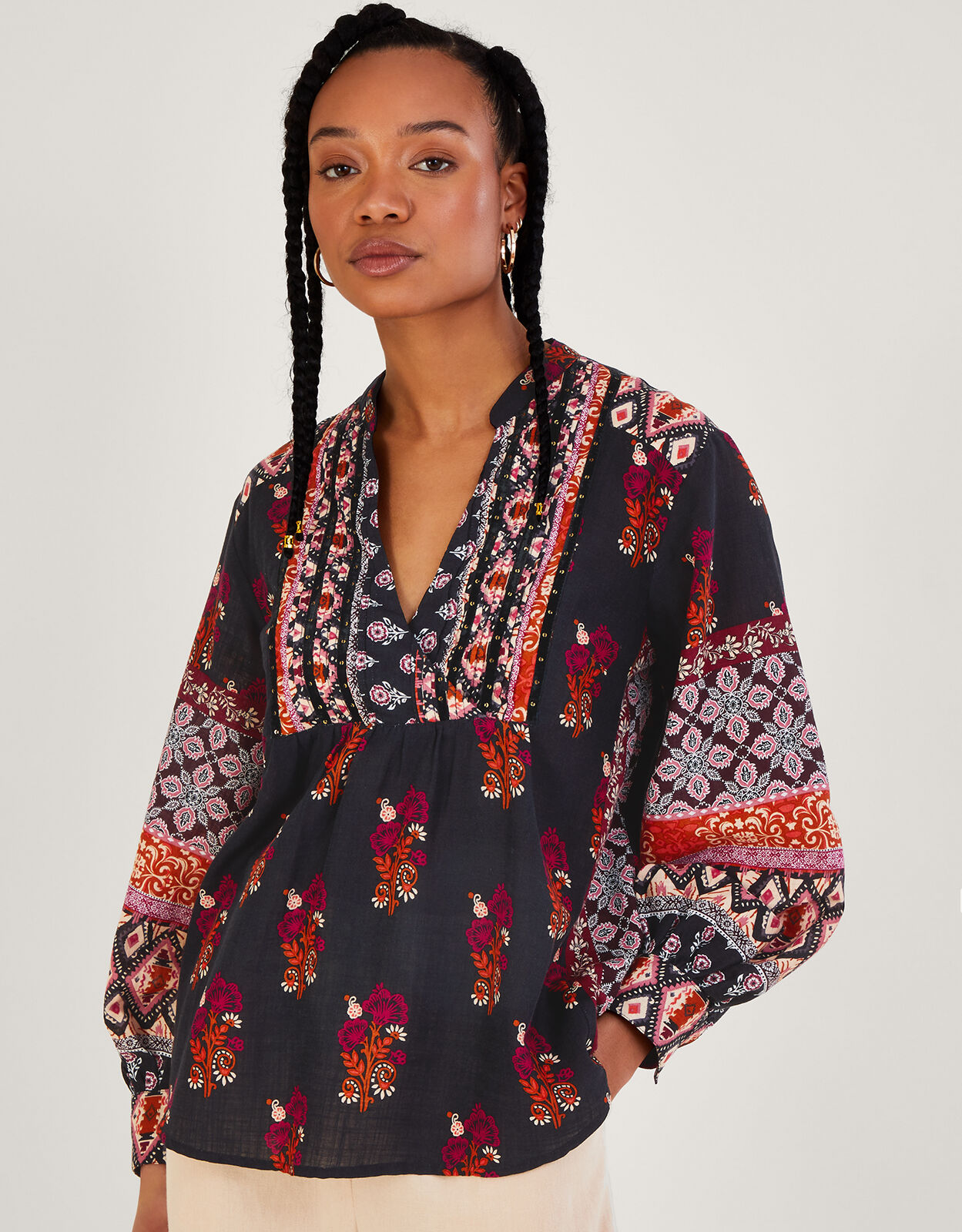 Print Heritage Smock Top with Sustainable Cotton Black