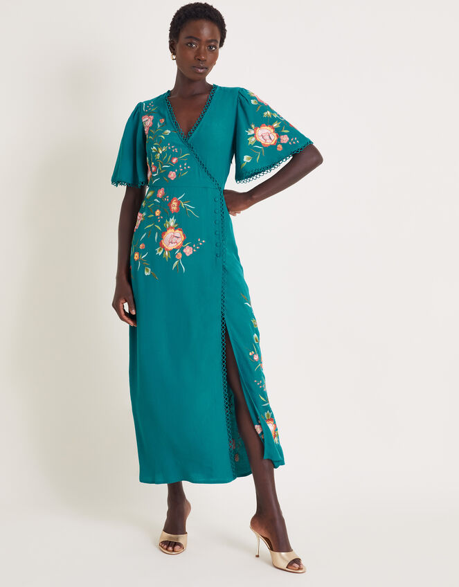 Maya Floral Embroidered Midi Dress, Teal (TEAL), large