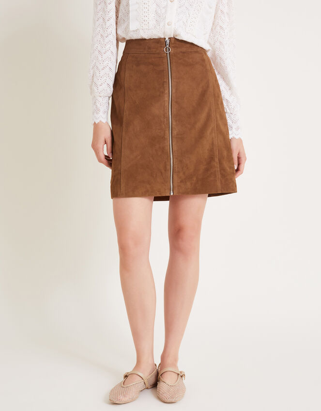 Sienna Suede Zip Skirt, Tan (TAN), large