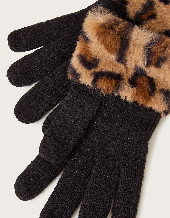 Faux Fur Animal Cuff Gloves, Black (BLACK), large