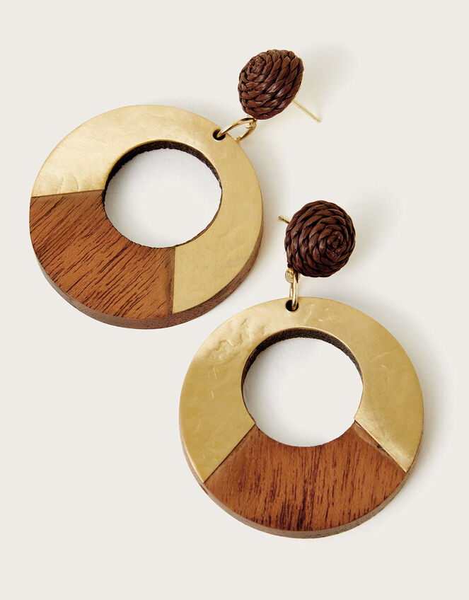 Wooden Circle Drop Earrings, , large