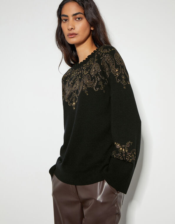 Fay Embellished Fair Isle Jumper, Black (BLACK), large