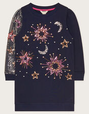 Sequin Star Embellished Long Sweatshirt, Blue (NAVY), large