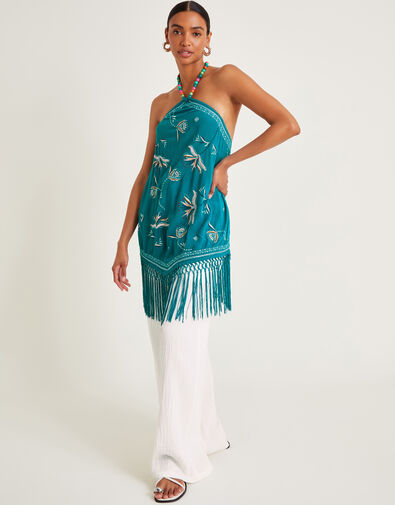 Liza Embellished Tassel Halter Top, Teal (TEAL), large