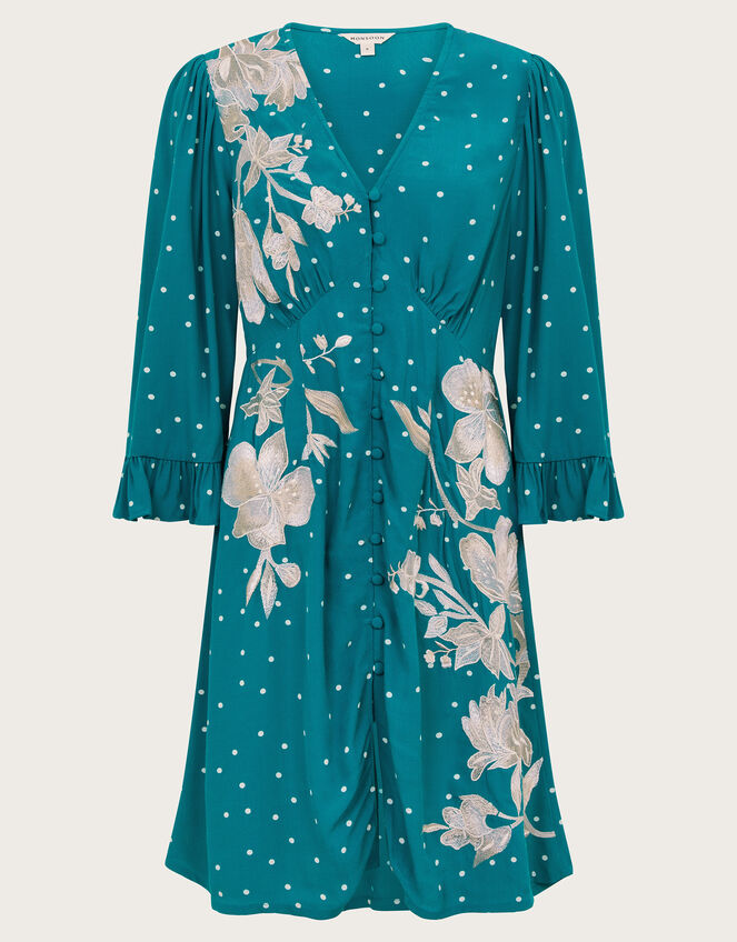 Clea Spot Print Embroidered Dress, Teal (TEAL), large