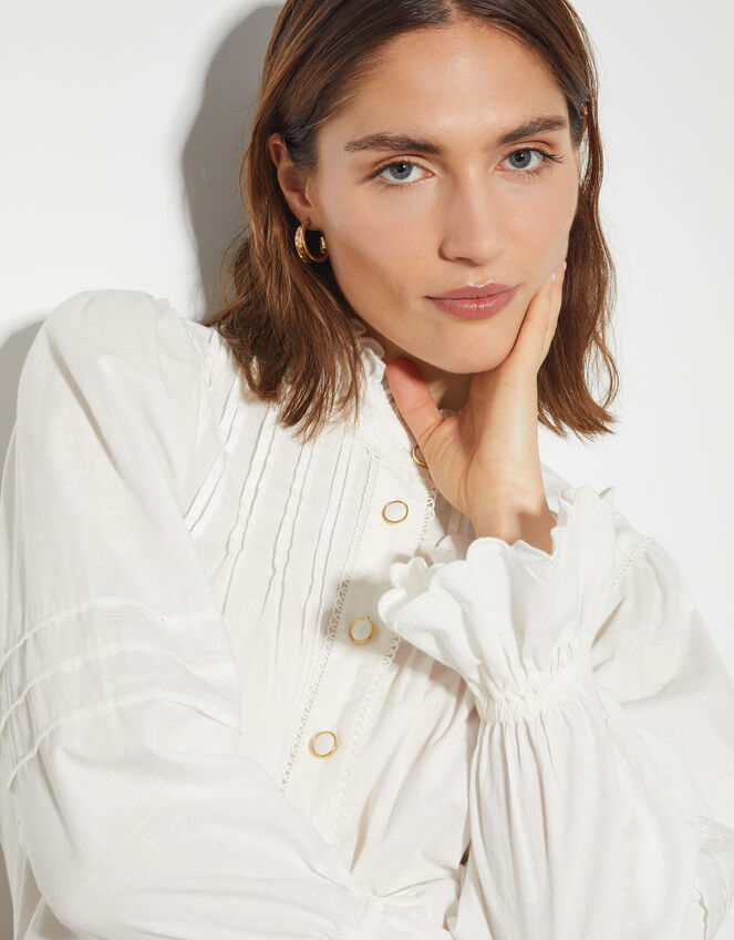 Rose Long Sleeve Frill Pleat Shirt, White (WHITE), large