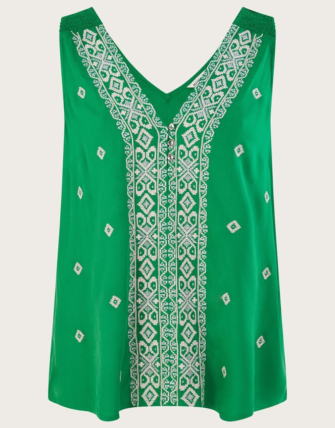 Embroidered Wide Strap Vest Top, Green (GREEN), large