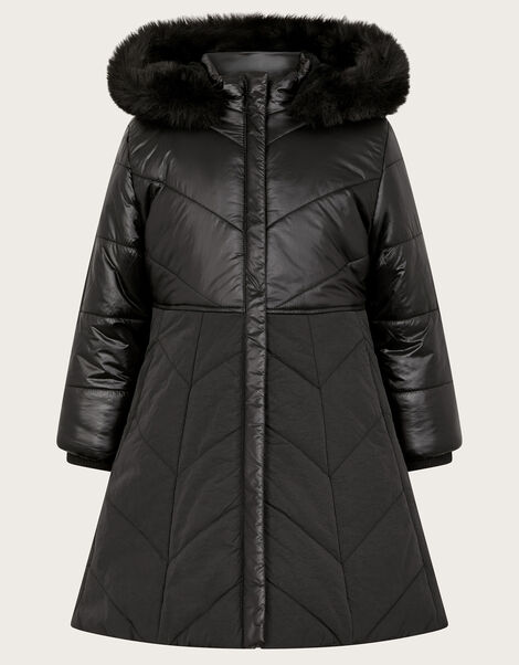 Faux Fur Hooded A-Line Puffer Coat, Black (BLACK), large