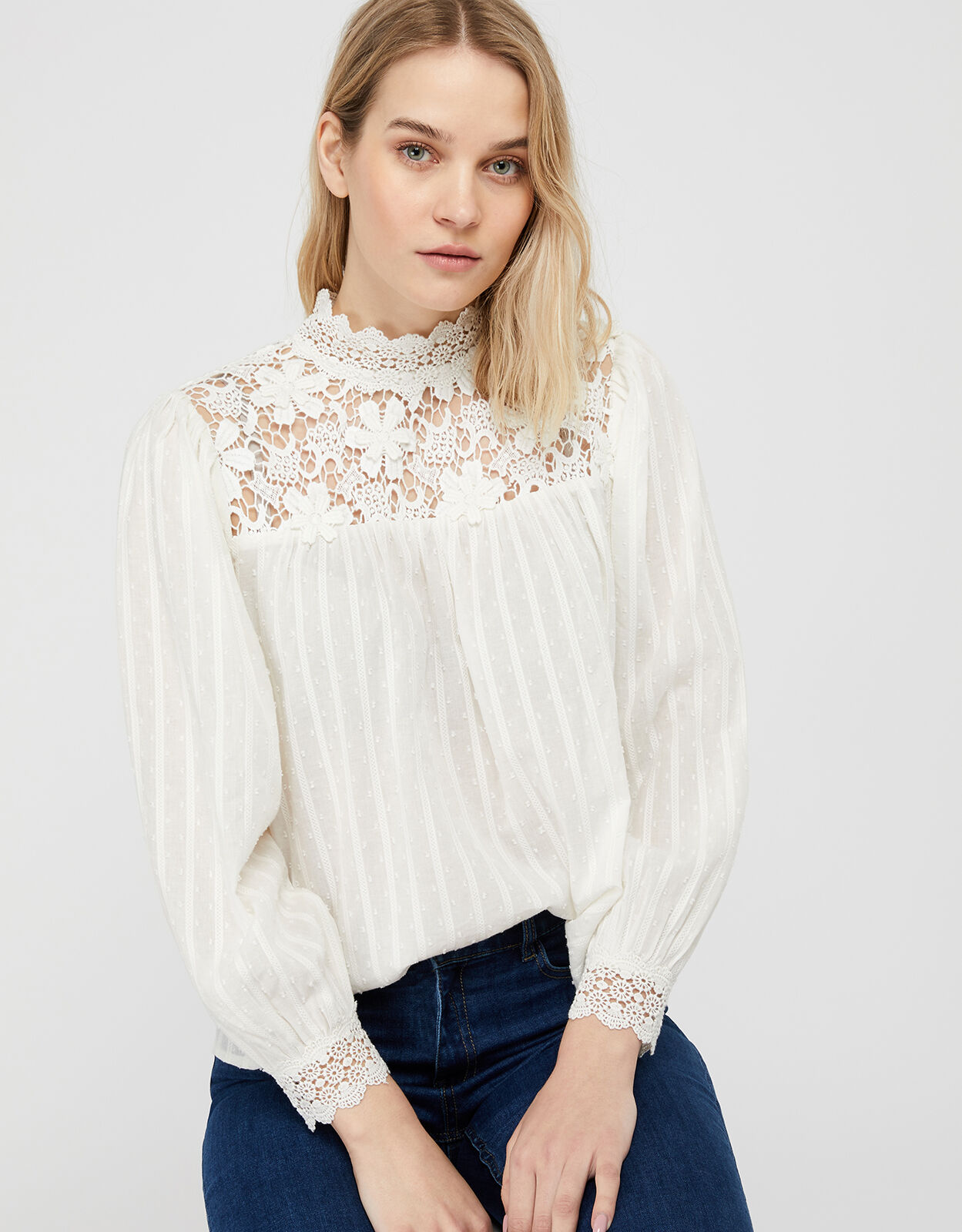 Ivory Floral Lace High Neck Blouse 