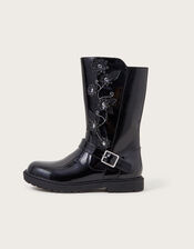 Patent Flower Riding Boots, Black (BLACK), large