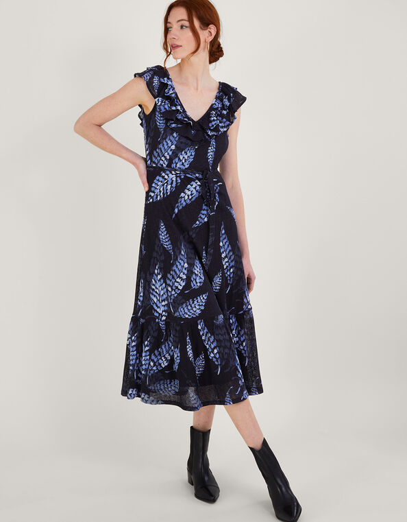 Palm Print Frill Jersey Dress in Recycled Polyester , Blue (NAVY), large