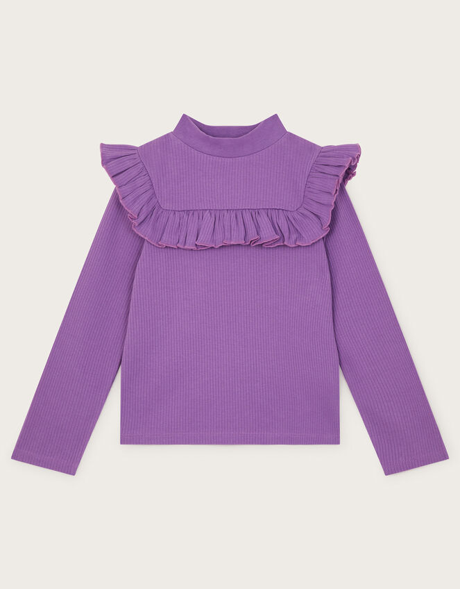 Ribbed Frill Long Sleeve Top, Purple (LILAC), large