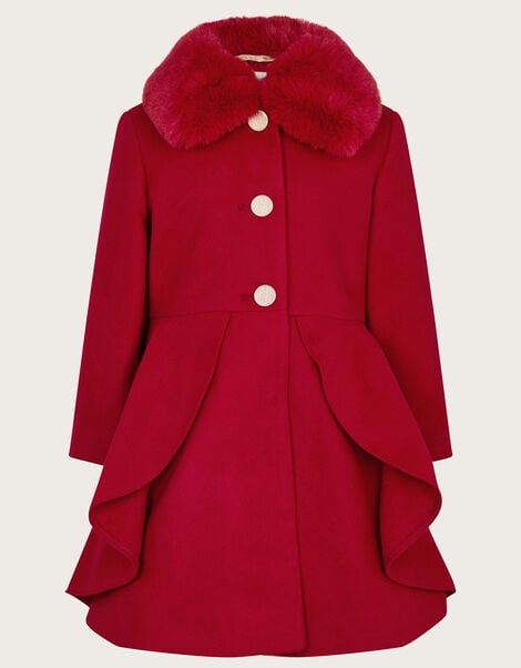 Smart Ruffle Faux Fur Collar Coat, Red (RED), large