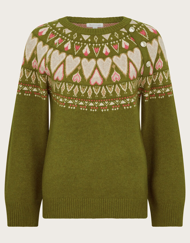 Paula Heart Knit Jumper, Green (OLIVE), large