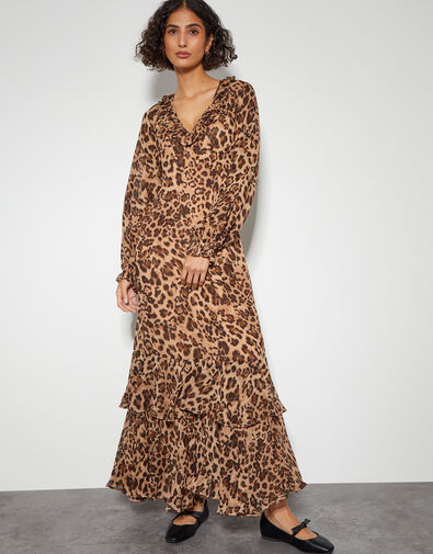 Rowena Leopard Print Ruffle Dress, Brown (BROWN), large