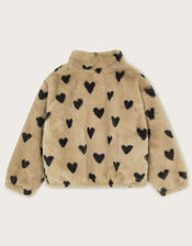 Fluffy Heart Print Zipper Fleece Jacket, Natural (STONE), large