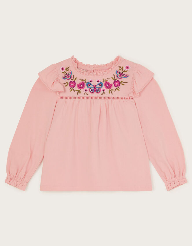 Long Sleeve Floral Embroidered T-Shirt , Pink (PINK), large